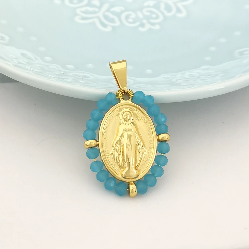 Elegant Virgin Mary Pendant Necklace | Stainless Steel Pearl Beaded Choker in Gold and Rainbow Tones
