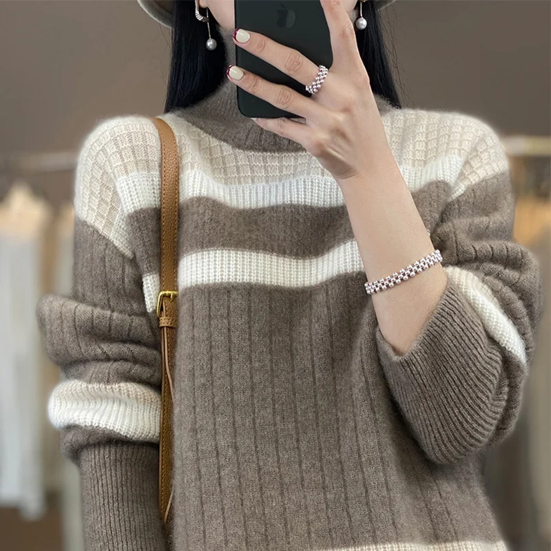 

Color matching turtleneck 100 Pure Cashmere shirt women's autumn and winter loose thick soft glutinous lazy bottoming high-end a