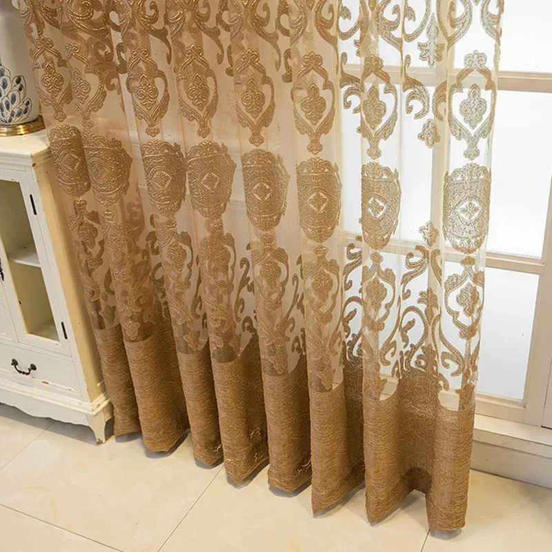 Estilo europeu cortinas para sala de estar quarto villa hall porta janela decoração moderna luxo ouro oco em relevo bordado cortinas