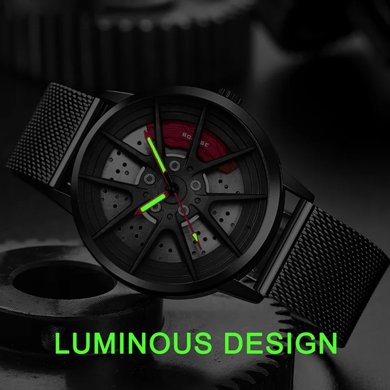 BORUSE Fashion Mens Car Wheel Watches Mesh Belt Waterproof Watch Luminous Clock Men Quartz Wristwatch relogio masculino