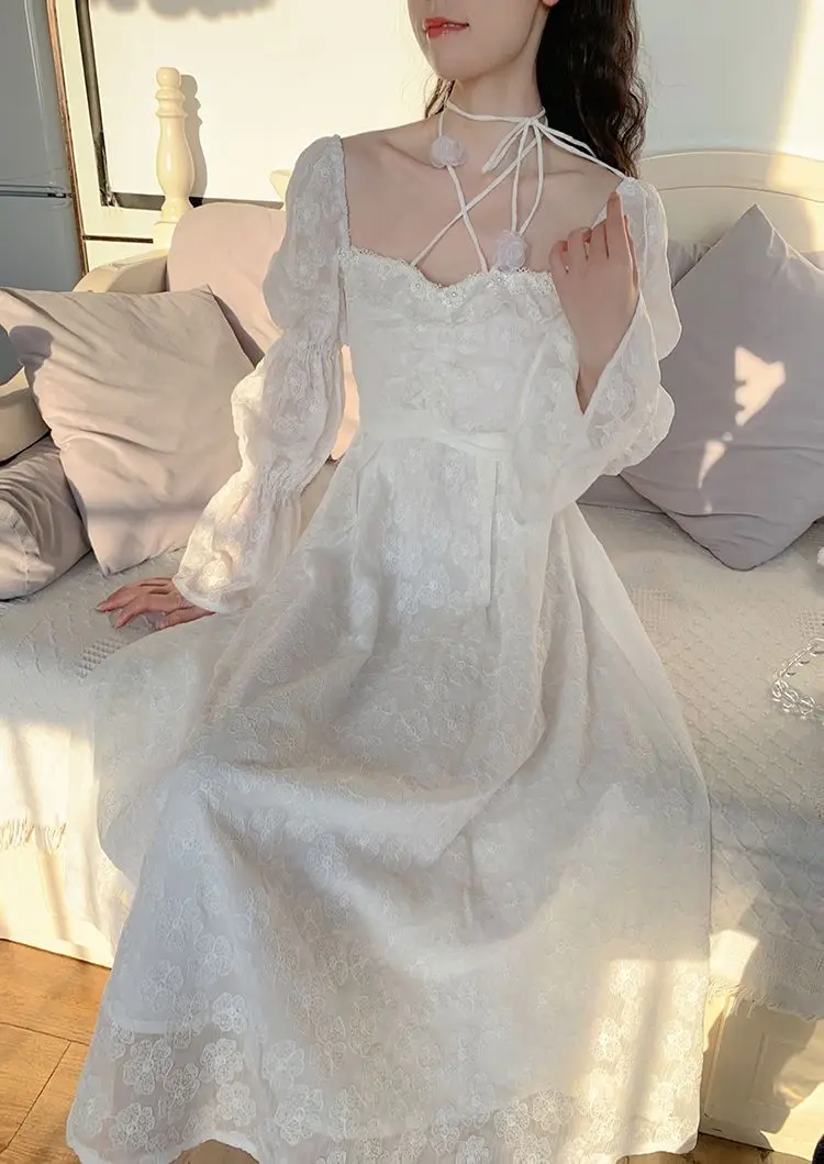 2024 Spring Elegant Chiffon Fairy Dress Women White Floral
