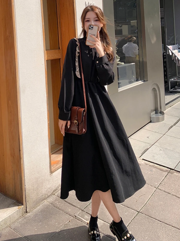 

2022 Autumn New Korean Version of The French Retro First Love Sweet Button Dress Goddess Waist Slim Long-sleeved A-line Dress