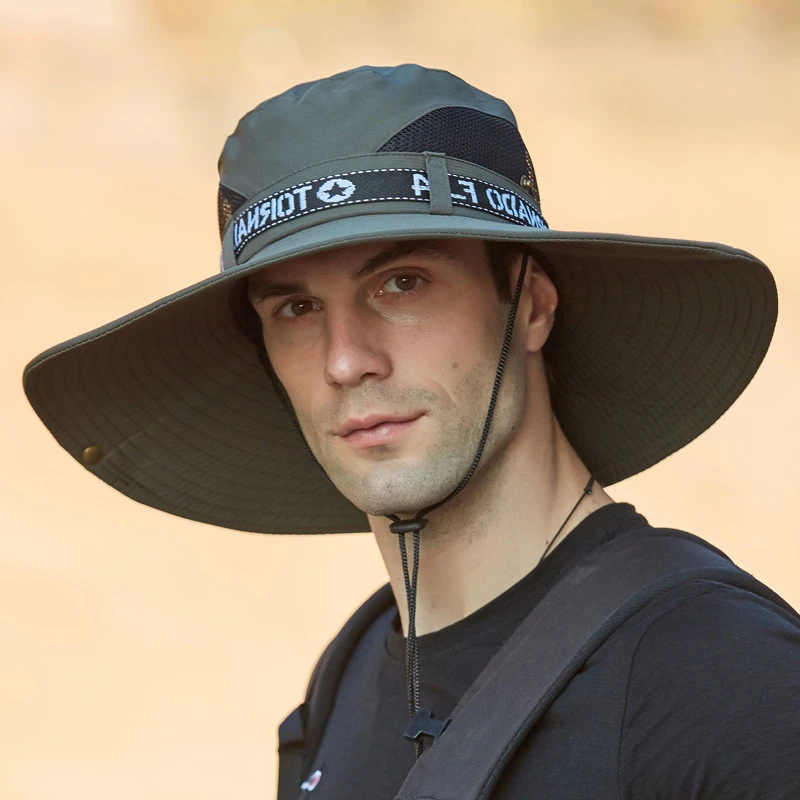 

Summer Bucket Hat Big Brim Alphabet Ribbon Men Hat Outdoor Mesh Panel Breathabl Hiking Hat Face Neck Anti-UV Outdoor Fishing Hat