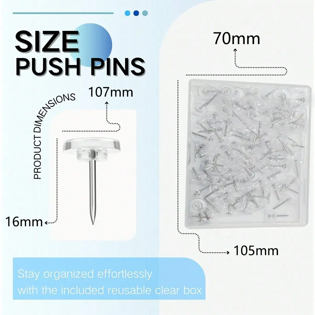 박스형 투명 압정, 플랫 헤드 푸시핀, 코르크보드용 I자형 못, 사무실, 학습용, 수공예용, DIY 장 못.