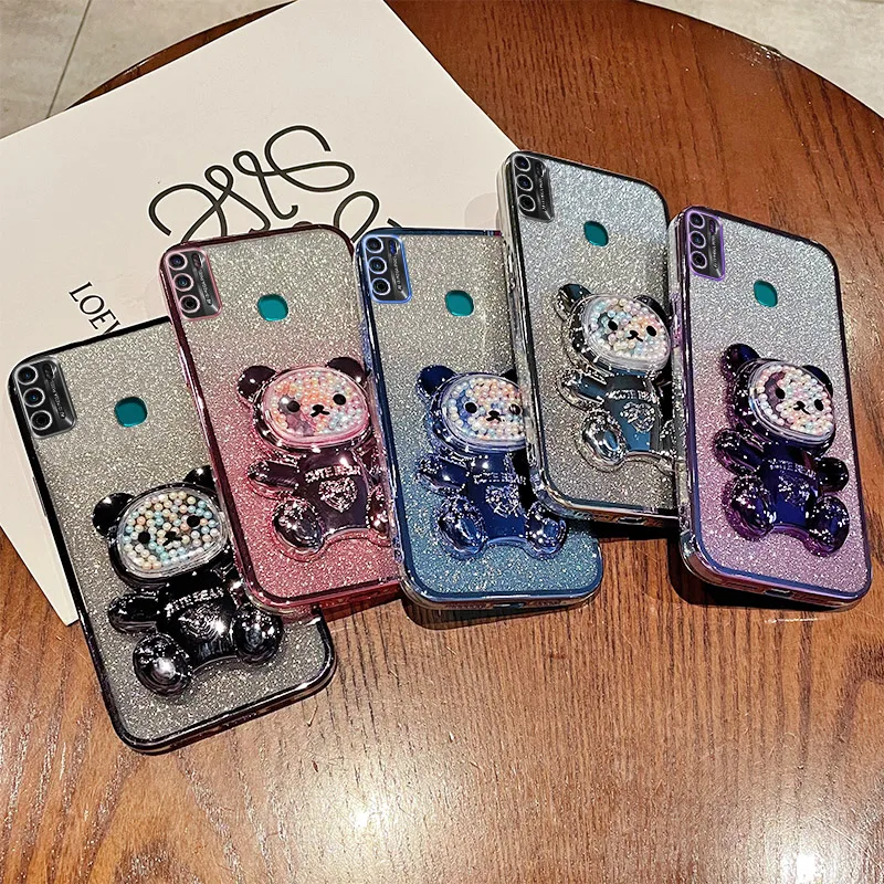 

Hot 9 Play Case For Infinix Hot 9 Play Luxury Gradient Glitter Plating Quicksand Beads Cute Bear Holder Case Cover Hot9 Play
