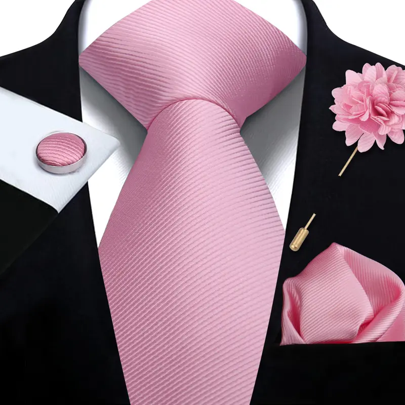 Top Quality Solid color Ties Hanky Cufflinks Brooch Set Elegant Jacquard Necktie For Men Business Wedding In Gift Box Gravatas - Image 5