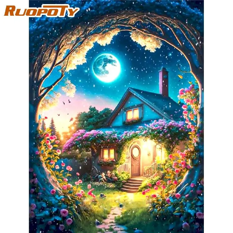 

RUOPOTY Frame Picture Painting By Numbers Fantasy Moon House Diy Ideas Acrylic Paint Personalized Gift For Wall Art Home Decors