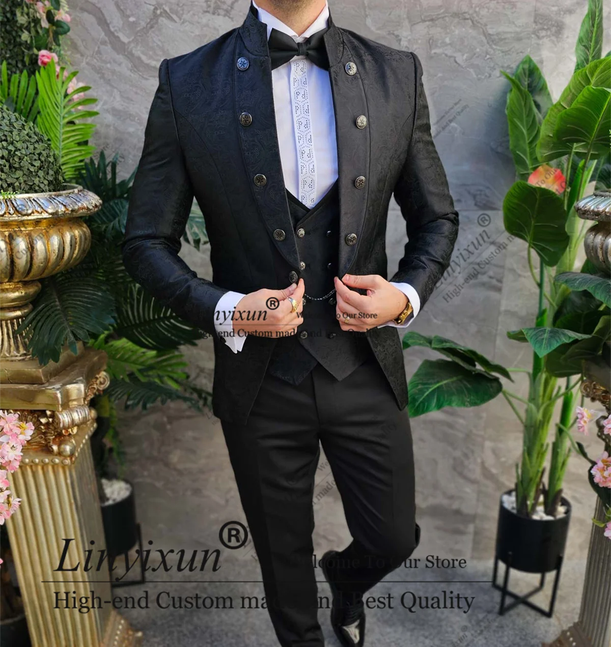 Italian Jacquard Style Mens Suit 3 Pieces Sets Groom Elegent Wedding Tuxedos Prom Blazers trajes para hombre