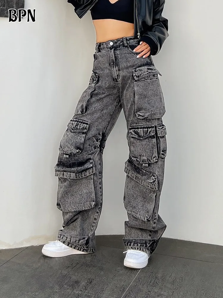 BPN Streetwear Patchwork Buttons Jeans For Women High Waist Spliced Pockets Solid Loose Denim Cargo Pants Female Fashion Clothes