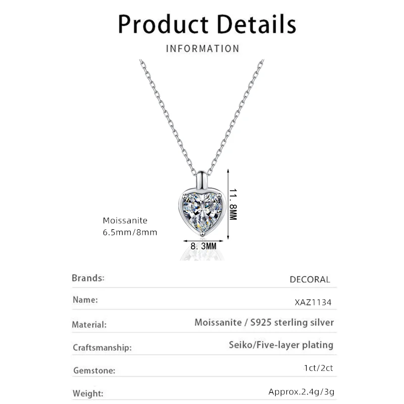 D color Moissanite 2 Carat Necklace Fashion Exquisite Women Jewelry 925 Sterling Silver Minimalist Heart Pendant Necklace 2