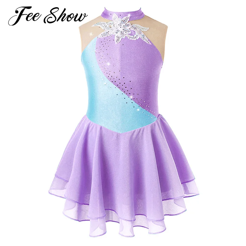 Rhinestone Sequins Figure Ice Skating Dress for Girls Kids Ballet Dance Dress Child Gymnastics Lyrical Dance Dress Costumes Wear womens figure ice skating dance costume shiny rhinestone gymnastics dance dress see through mesh patchwork leotard dresses