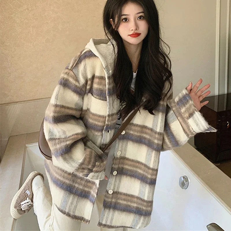 

American Khaki Plaid Woolen Coat Hooded Oversized Jacket Women Hip Hop Couples Padded Cotton Warm Winter Outerwear Loose Casual