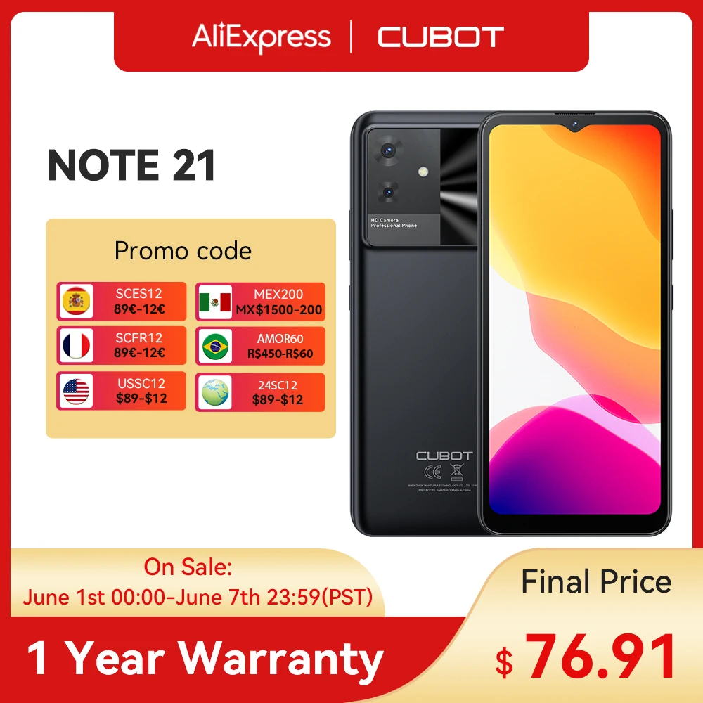 Cubot Note 21 스마트폰, 12GB + 128GB 6.56 인치 HD + 화면, 90Hz 재생률, 5200mAh 50MP 후면 카메라, 월드 프리미어