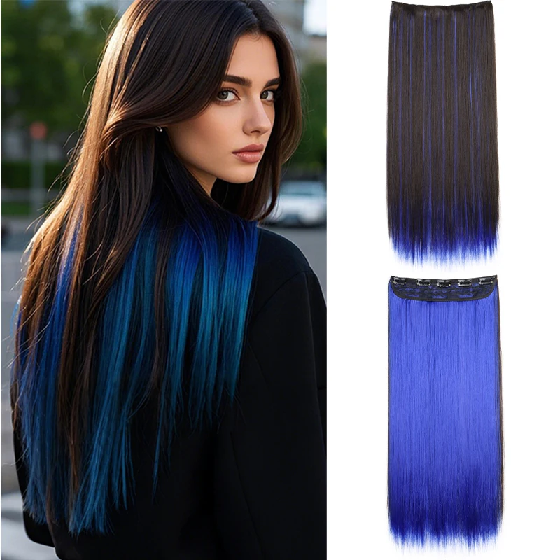 Synthetische lange gerade einteilige 5-Clip-in-Haarverlängerungen für Frauen, Regenbogenfarben, Haarschmuck, Halloween – Detail 6