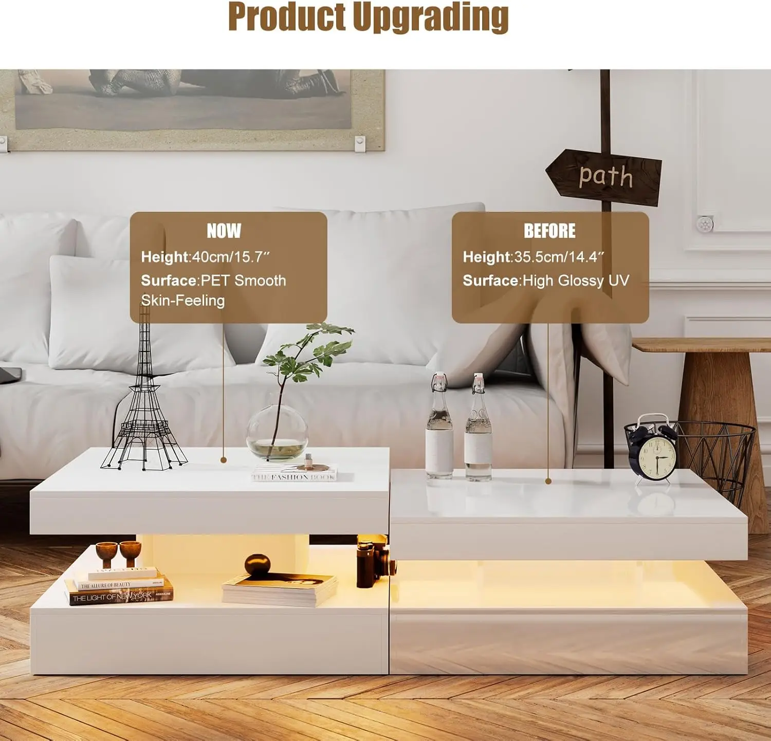 White LED Coffee Table with Storage for Living Room Modern Smart Tall Square Center Table 2 Tier Display Shelf 20 Colors 6