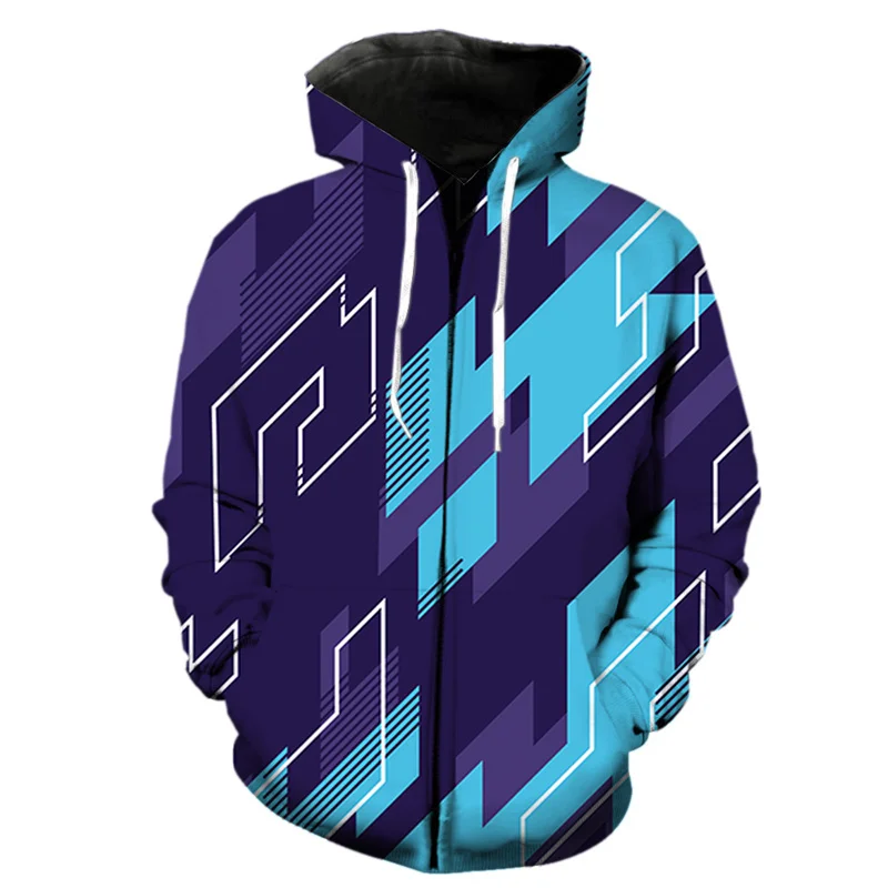 Sudadera con capucha y estampado 3D de bloques de color para hombre, sudaderas con gráficos coloridos, sudaderas informales de otoño de gran tamaño con capucha y manga larga con cremallera