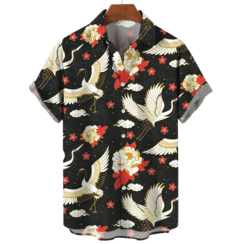 Retro Animal Hawaiian Shirt Men 3d Crane Print Short Sleeved Loose Casual Oversized Shirts Street Harajuku Tops Button Blouse 4