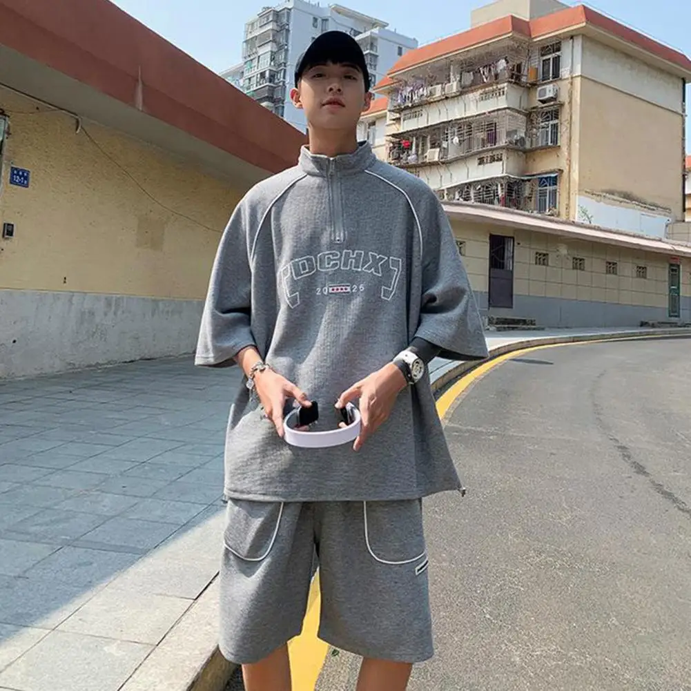 

Мужской летний спортивный костюм, молодежная уличная одежда в стиле хоп, спортивный костюм для мужчин с футболкой на молнии средней длины, свободные брюки, лето для подростков