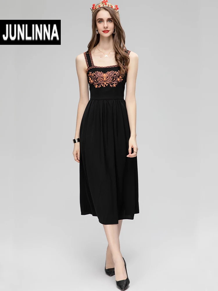 

JUNLINNA Fashion Runway Dresses Summer Women Spaghetti Strap Embroidery and Beading Party Vacation Midi Vestidos Lady Sliming
