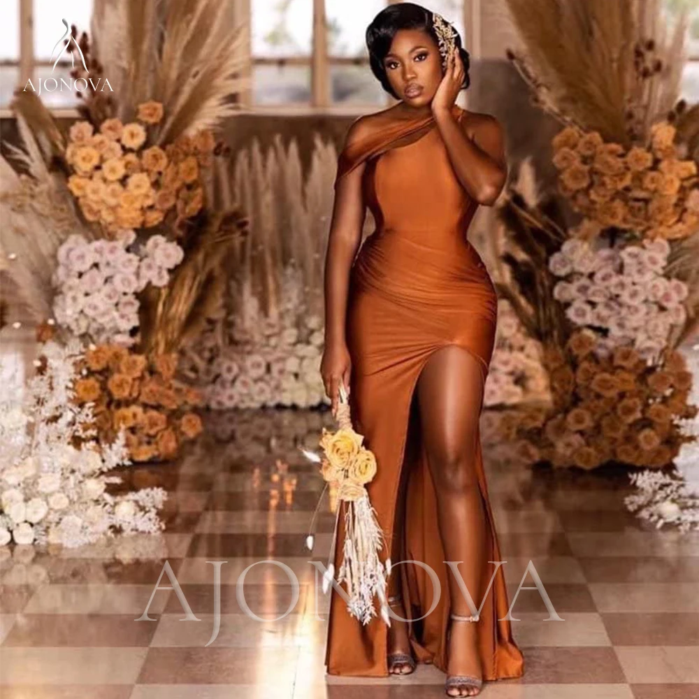 

Burnt Orange Satin Elegant Gowns One Shoulder Dress Wedding Women Side Split Party Dresses for Bridesmaids Robe Weddings Evening