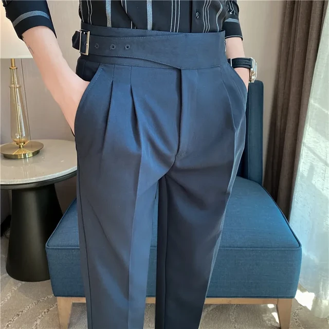 Pleated Formal Suit Pants For Men Ankle Length Summer Slim Fit Korean Dress  Pants Men With Belt Business Trousers Male 2022 - AliExpress