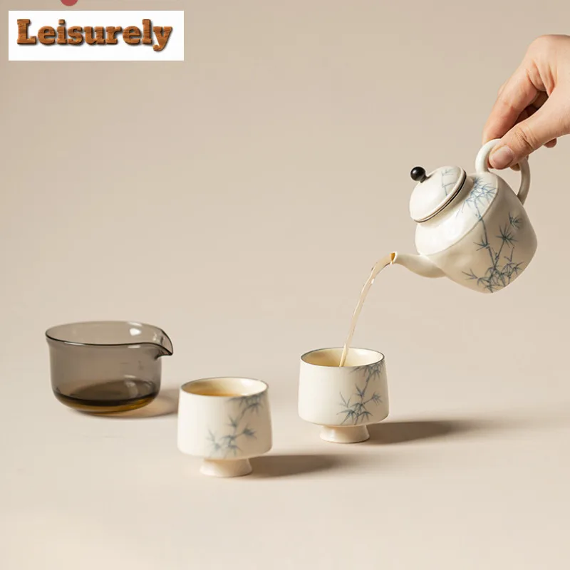 Powder Yin Hand-painted Bamboo Breeze Tea Set Complete Set Luxury Tea Ceremony Set Teapot And Tea Cup Set For Tea Gift Supplies