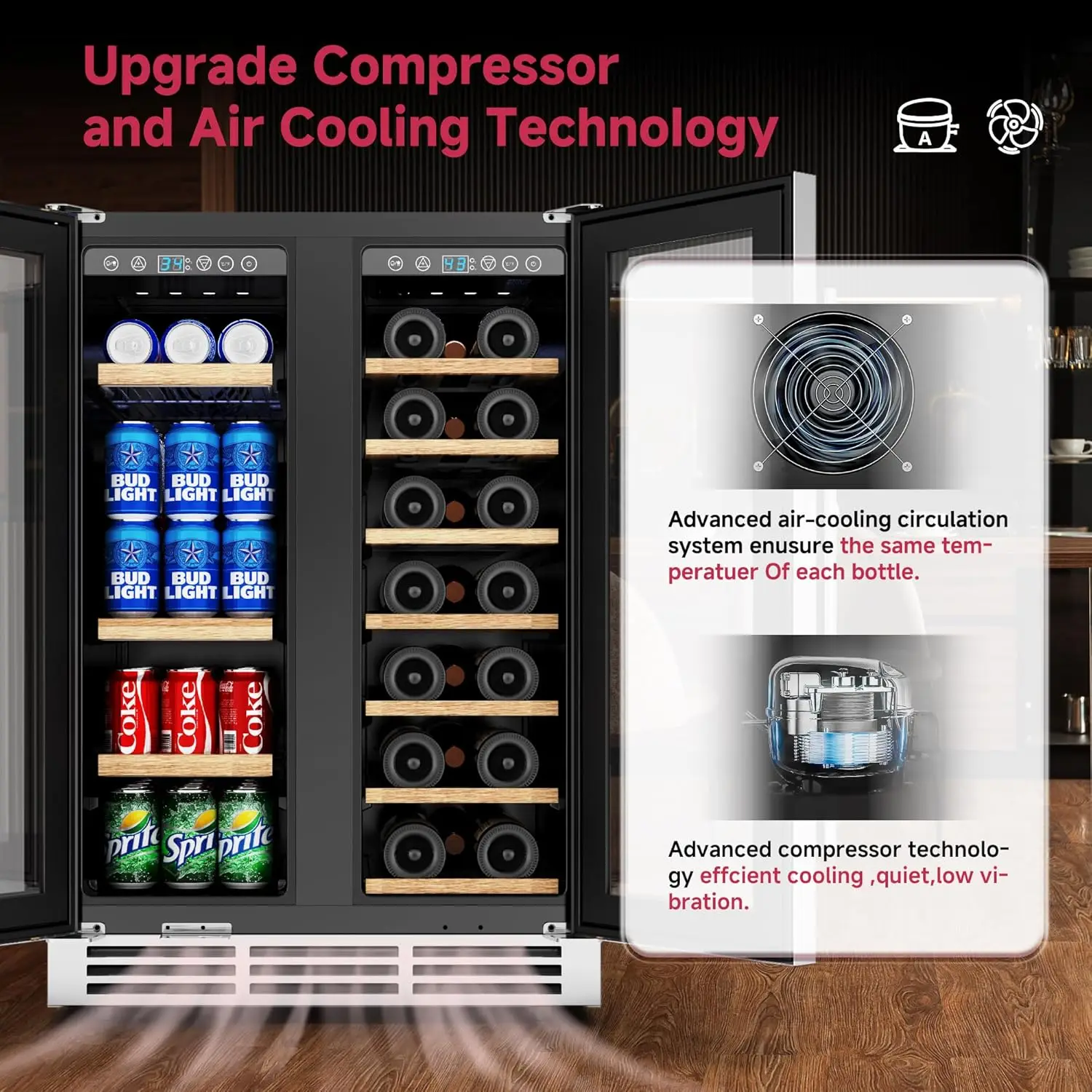 Beverage Refrigerator, Dual Zone Wine Cooler with Glass Door, Hold 88 Cans & 21 Bottles, Built in or Freestanding Under Counter 4