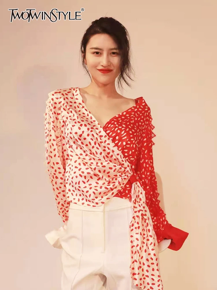 

TWOTWINSTYLE Print Dot Hit Color Shirt For Women V Neck Long Sleeve Lace Up Bowknot Casual Blouse Female Fashion New Spring 2022