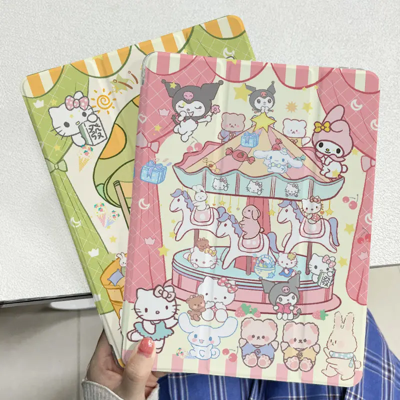 

Ipad Three Fold Case Sanrios Hellokittys Kawaii Kuromi Ipad10 Model Mini Cover Shockproof Protective Shell Silicone Leather Case