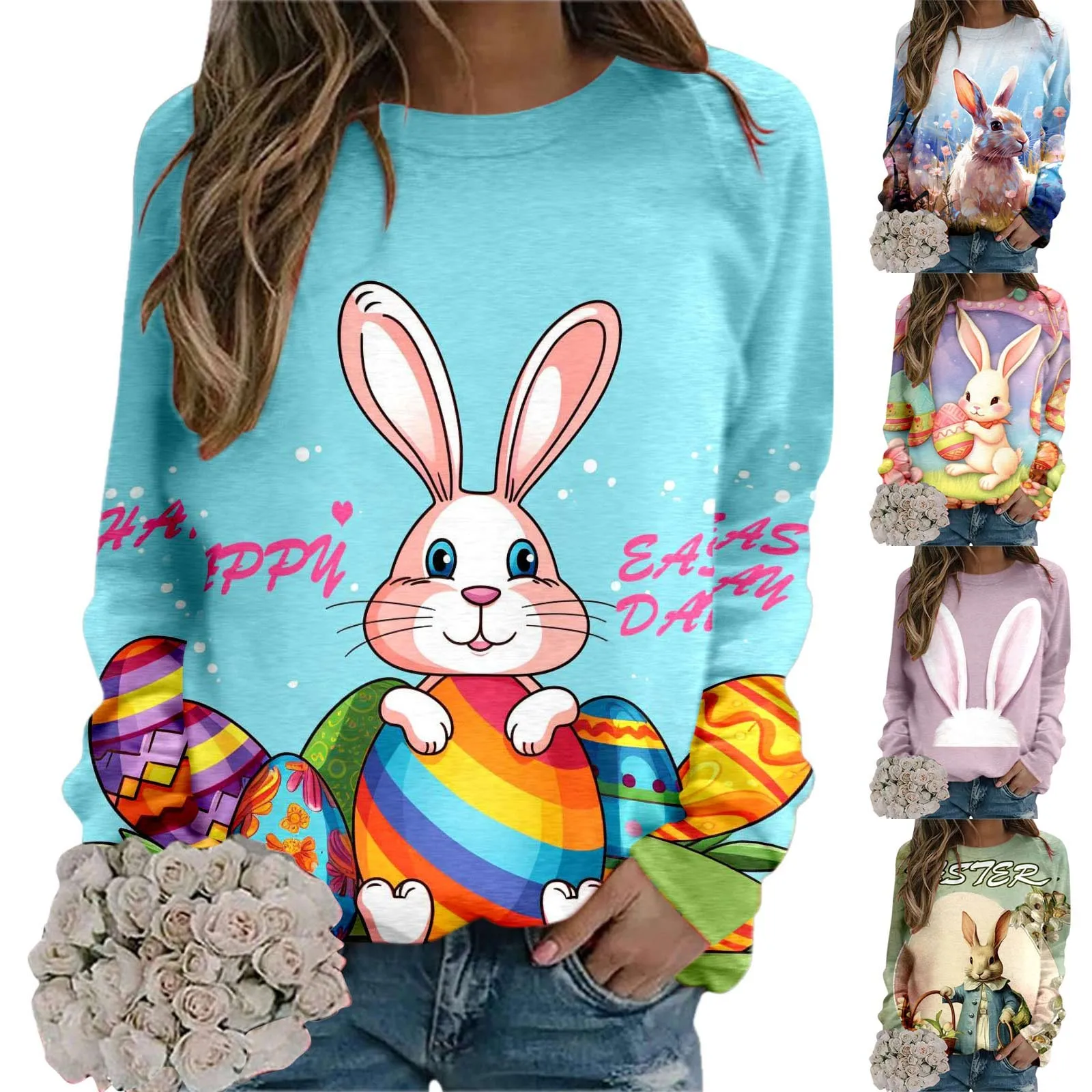 Womens Easter Bunny Print Crew Neck Sweatshirt Outfit Fit Pullover Tops Adult Casual Long Sleeve Workout Shirts Loose Costume canvasartisan g52 01 14 inch shockproof notebook carrying bag easter bunny and eggs pattern pu laptop sleeve