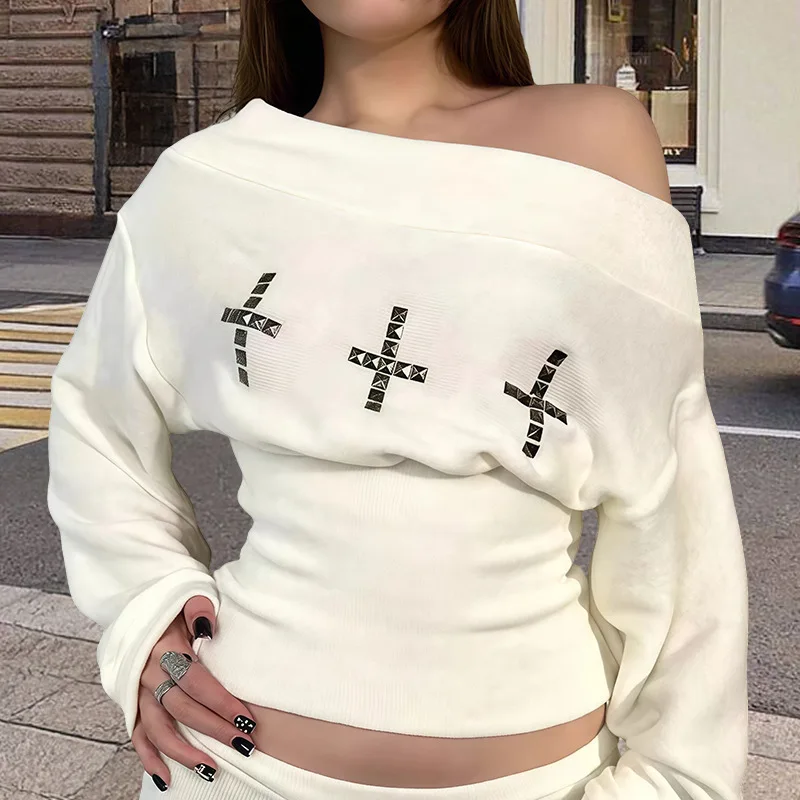 Chic Streetwear Punk Y2k Crop Top Harajuku Rhinestone Off Shoulder Long Sleeve Top Hip Hop Fashion Baby Tee Rock Goth Unique Top 3