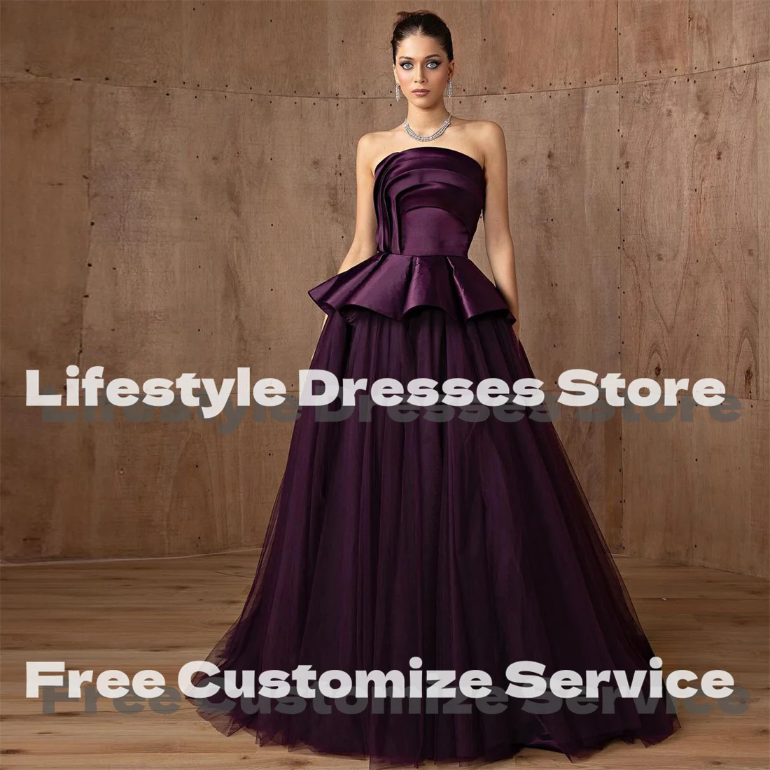 Purple Ruched Satin Tulle Prom Dresses Ball Gown Evening Dresses For Formal Occasion Sleeveless Party Gown