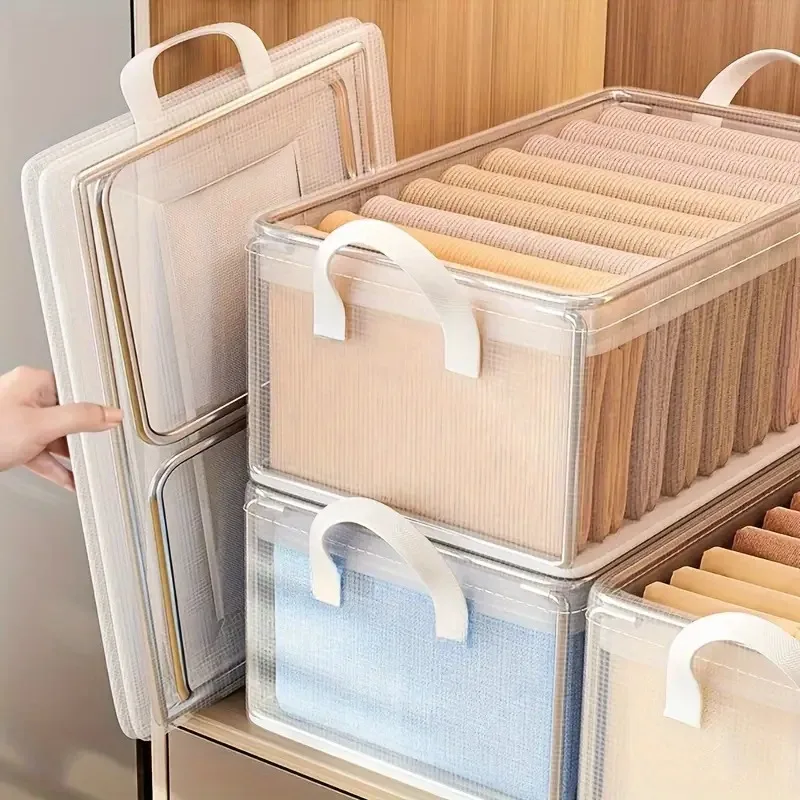 Storage Box Transparent Foldable Stackable Organizers 8PCS with Steel Frames and Reinforced Handles for Clothes Books Sundries storage box
