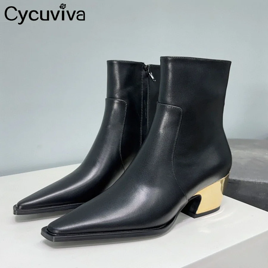 

Designer New Black Leather Mid Calf Boots Women Pointy Toe Side Zip High Heel Boots Winter Runway Party Motorcycle Boots Women