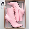 Cross-tied Pink Pointed Toe Ankle Boots 12cm Sexy Fetish Stripper Shoes Patent Leather ZIP Short Boots Women Heels Plus Size 46
