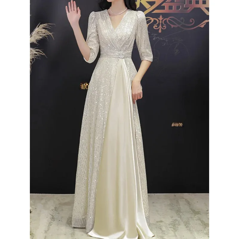Elegant Half Sleeve Prom evening dress Sexy Belt Slim Waist V-neck Satin Spliced Sequin Ball Gown Sparkles Robe Soire De Mariage