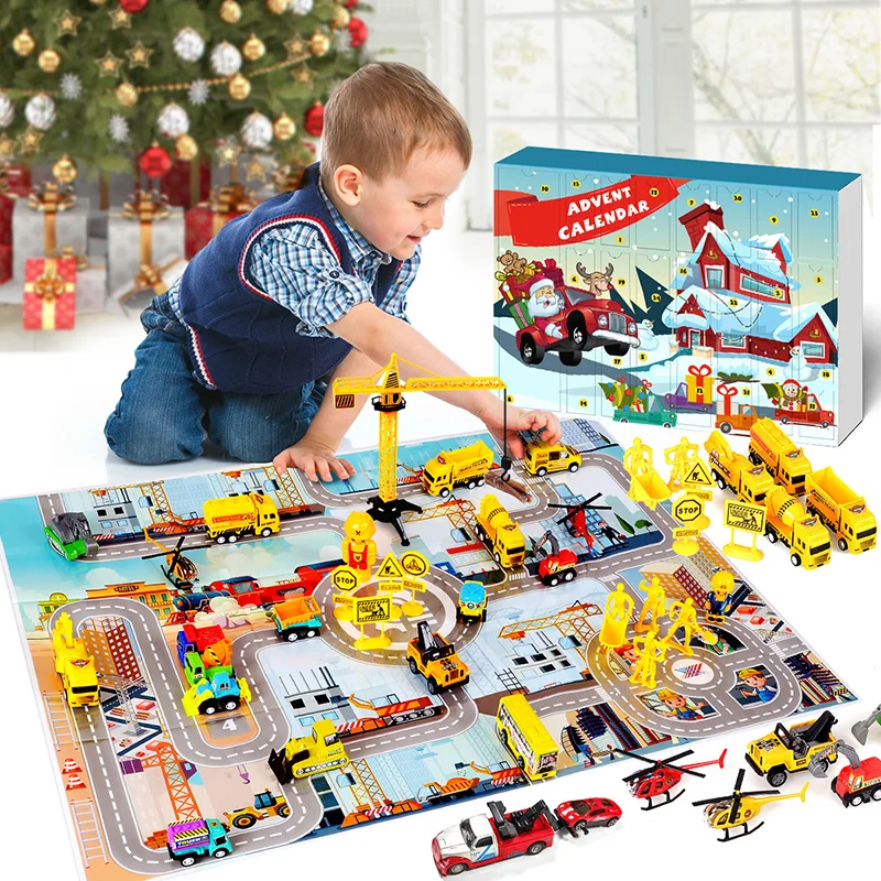 Cars Advent Calendar for Kids Boys Christmas, 24 Pull Back Vehicles Playsets with Crane Helicopter Tractor Construction Tru