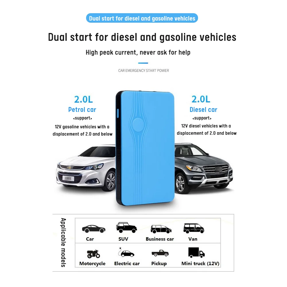 12V 20000mAh Car Jump Emergency Starter with Usb Quick Charge Auto Portable Power Bank Utral-Thin Multi-Function Car Accessories