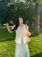 plus Size Lace ort Sve White irt Women's Summer Design Slimming Waist T-irt Comfortable Fit for All Body pes