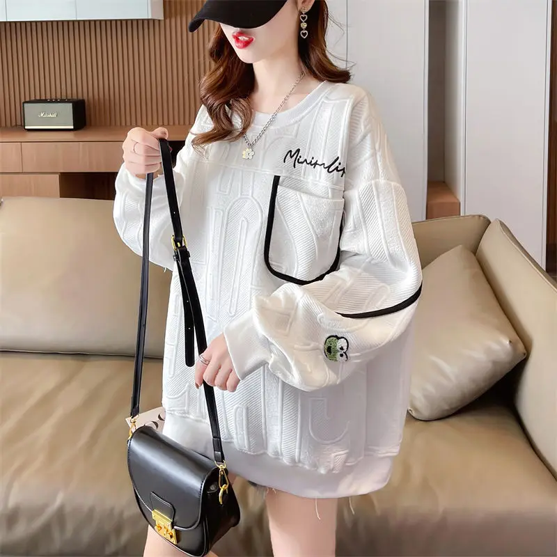 Sweatshirt Woman Autumn 2023 New Doll Sleeve Pocket Hook Contrast Color Air Cotton Sweater Korean Fashion Women's Tops 4XL