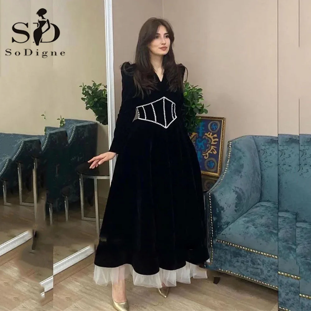 

SoDigne Modest Black Velvet Evening Dresses Long Sleeves V Neck Pearls Waist Corset Arabic Women Formal Party Prom Gowns