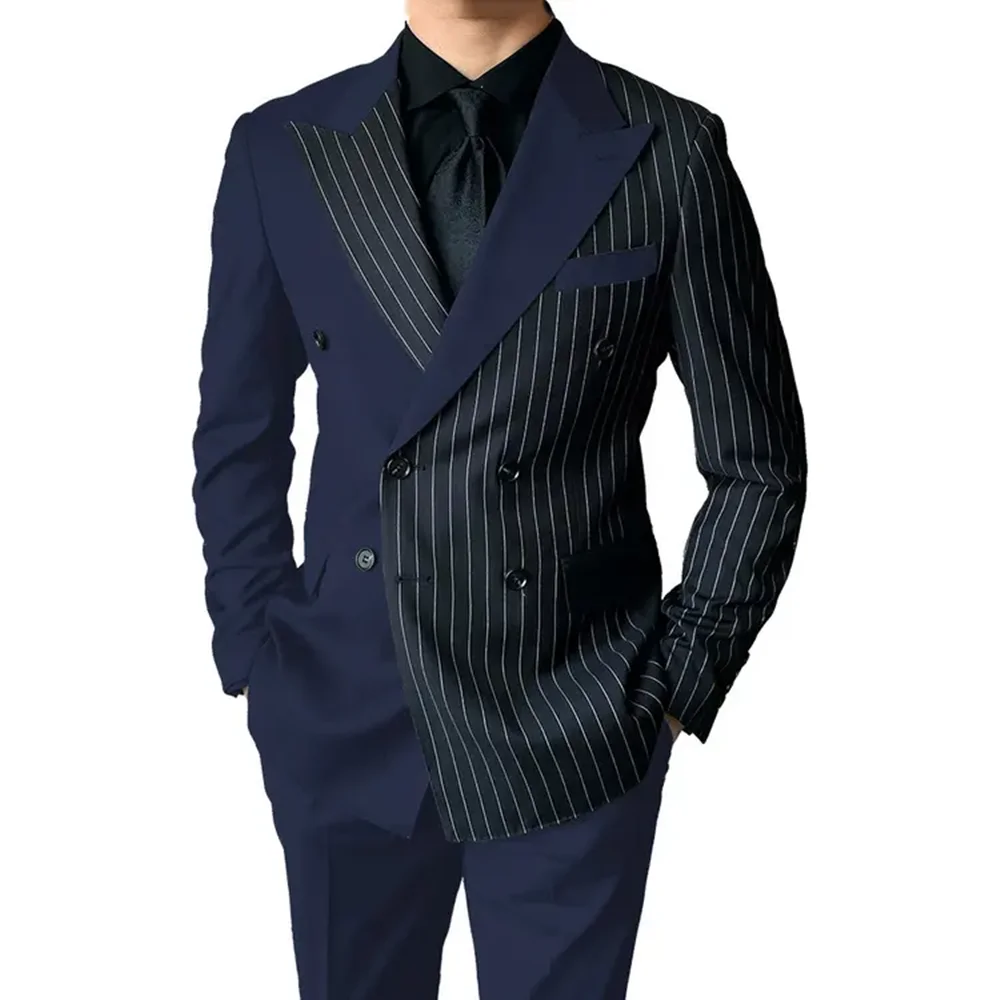 Newest Men Suits Black with White Stripes Groom Tuxedos Peak Lapel Groomsmen 2 Pieces Set ( Jacket + Pants + Bow Tie ) D505
