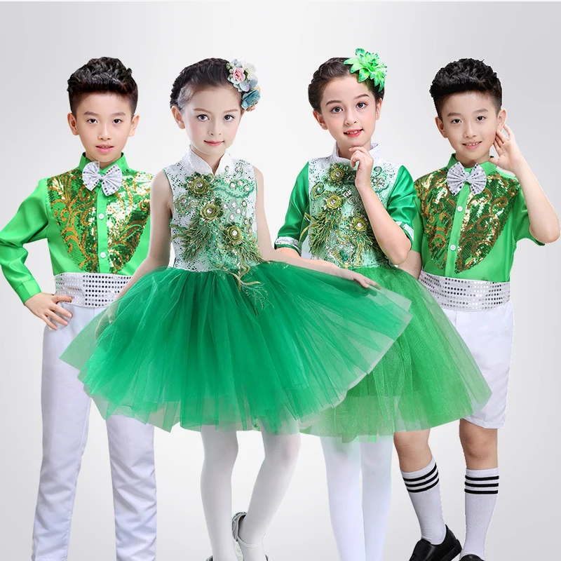 

Children's Jazz Dance Performance Costume Girls Boys tango green pompadour dress stage performance costume