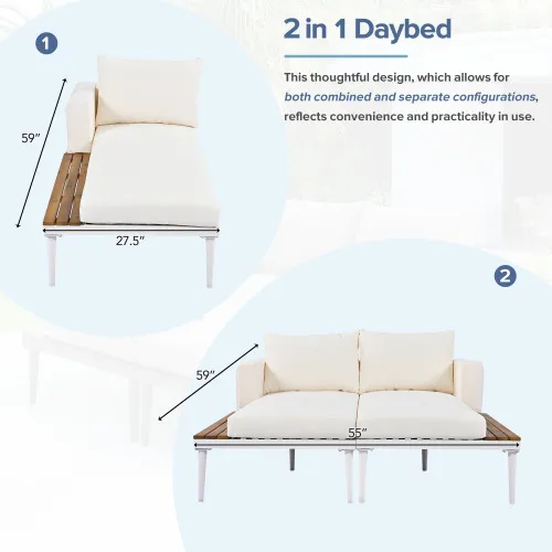 Outdoor sofa Patio Daybed with Wood Topped Side Spaces for Drinks, 2 in 1 Padded Chaise Lounges for Poolside, Balcony 3