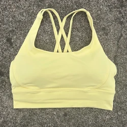 Women's Solid Color Athletic Sport Bra with Cross - Back Design - High - Quality, Shockproof, with Removable Chest Pads for Gym and Yoga Workouts (Washed Yellow)