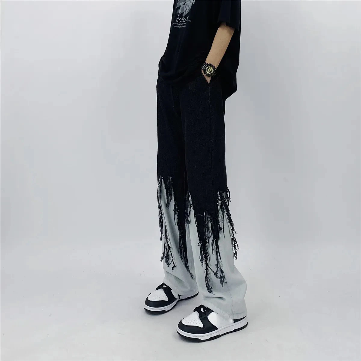 Men Jeans High Street Hip Hop Contrast Color Tassel Loose Fashion Japanese Streetwear Hippie Loose Casual Darkwear Patchwork 2