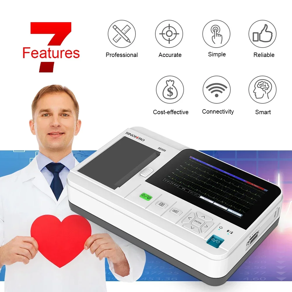 E600 Full Touch 6 Channel Electrocardiograph 12-lead ECG Machine Thermal Printing 7'' LCD Display EKG Cardiac Monitor