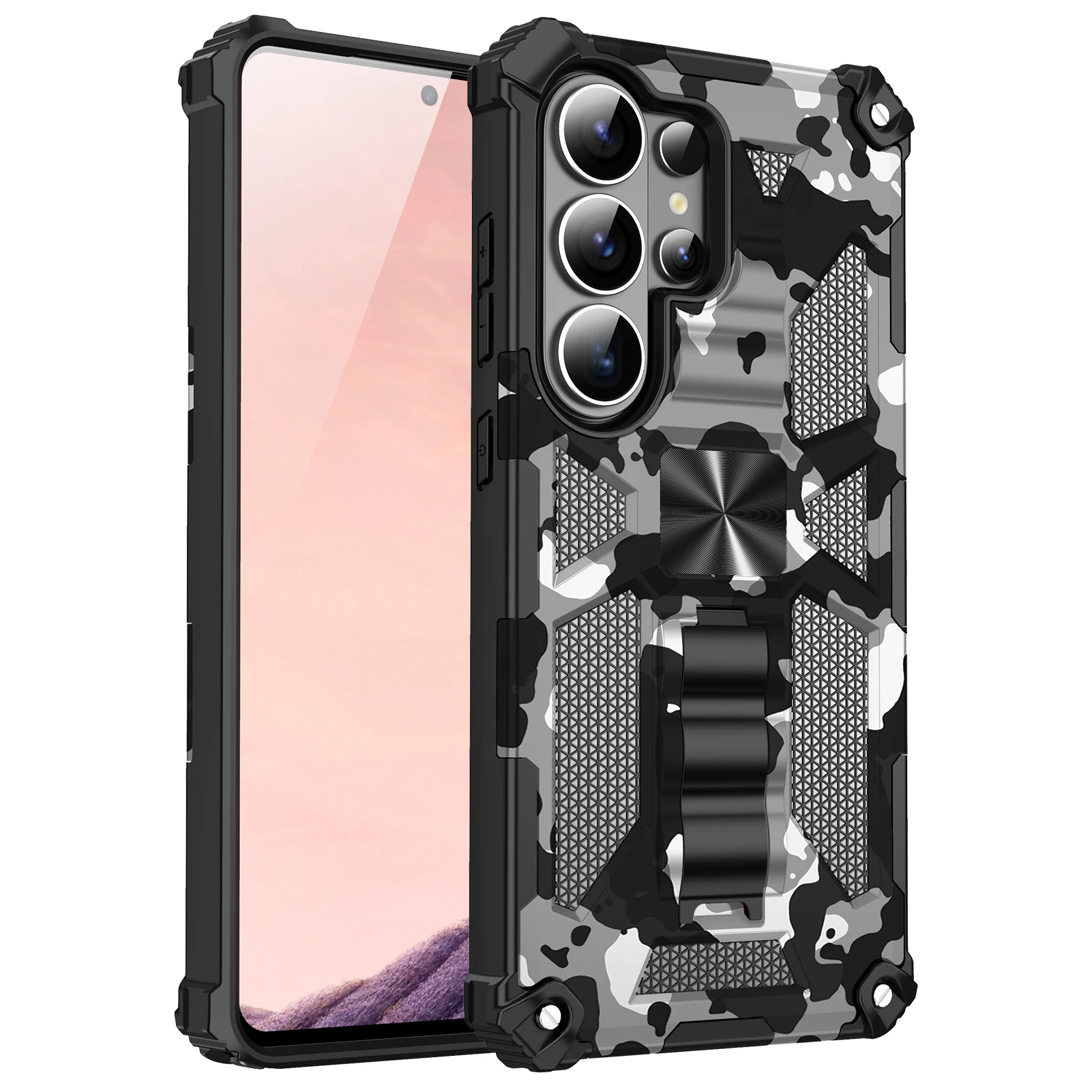 Hybrid Armor Camouflage Phone Case with TPU Frame and Hidden Kickstand