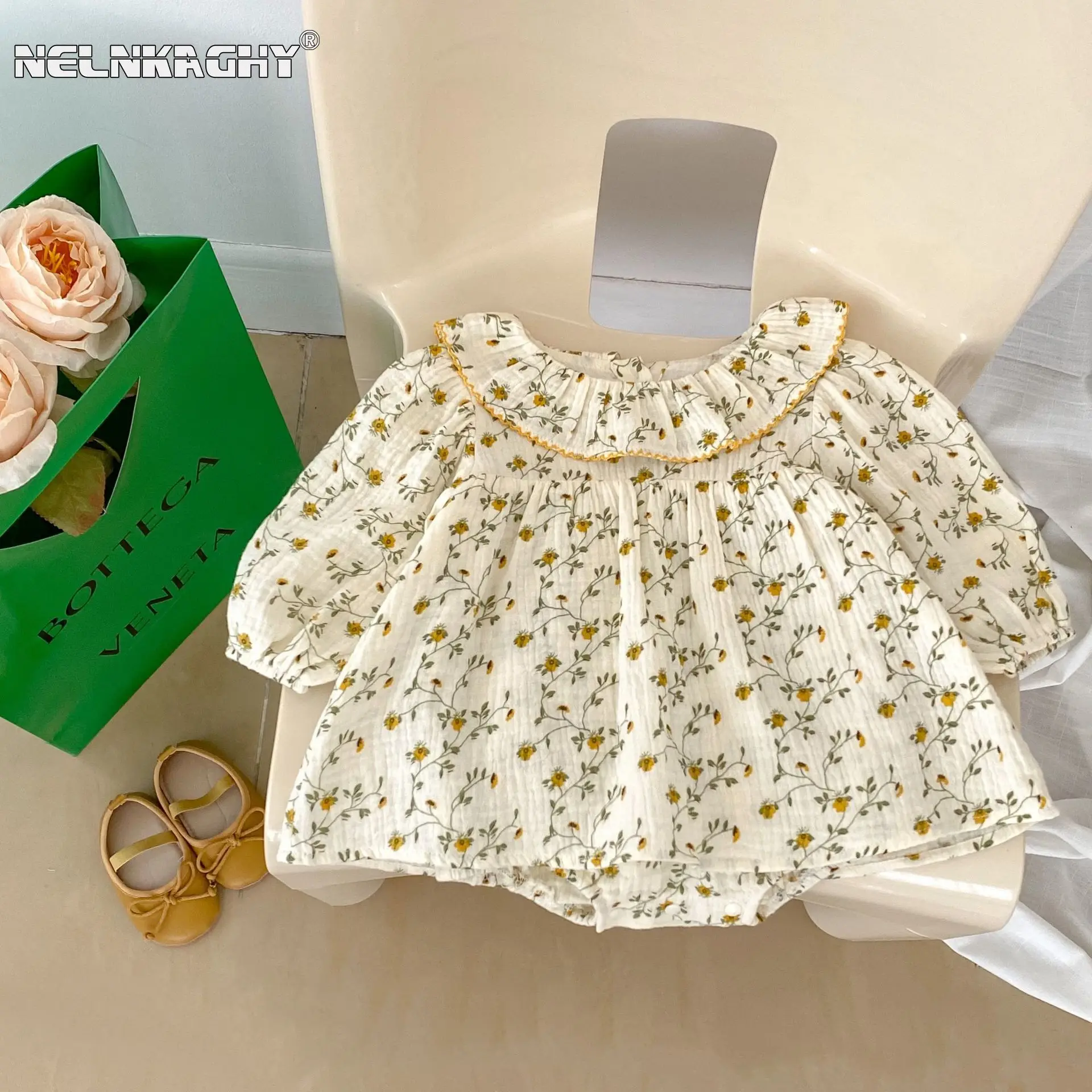 

2023 Autumn New In Newborn Baby Girls Full Sleeve Floral Ruffles One-piece Infant Kids Cotton Jumpsuits Toddler Bodysuits 0-24M