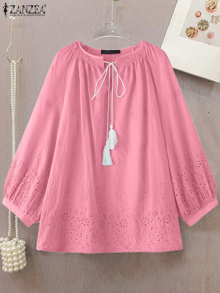 Cotton Lace Tunic Top for Women Autumn Lantern Sleeve